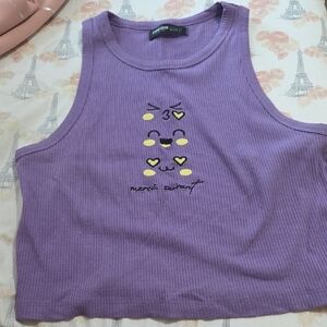 Purple Ribbed Crop Tank Top with Yellow Accents